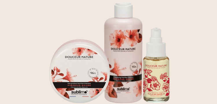 Gamme de soins cheveux Douceur Nature Sublimo, photographie d'un soin, d'un shampooing et d'un elixir